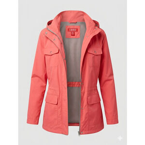 IZOD Women's Coral Pink Hooded Rain Jacket Windbreaker Mesh Lined XL